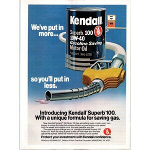 1980 Kendall Superb 100 Motor Oil Vintage Print Ad Yellow Gas Pump 80s Wall Art